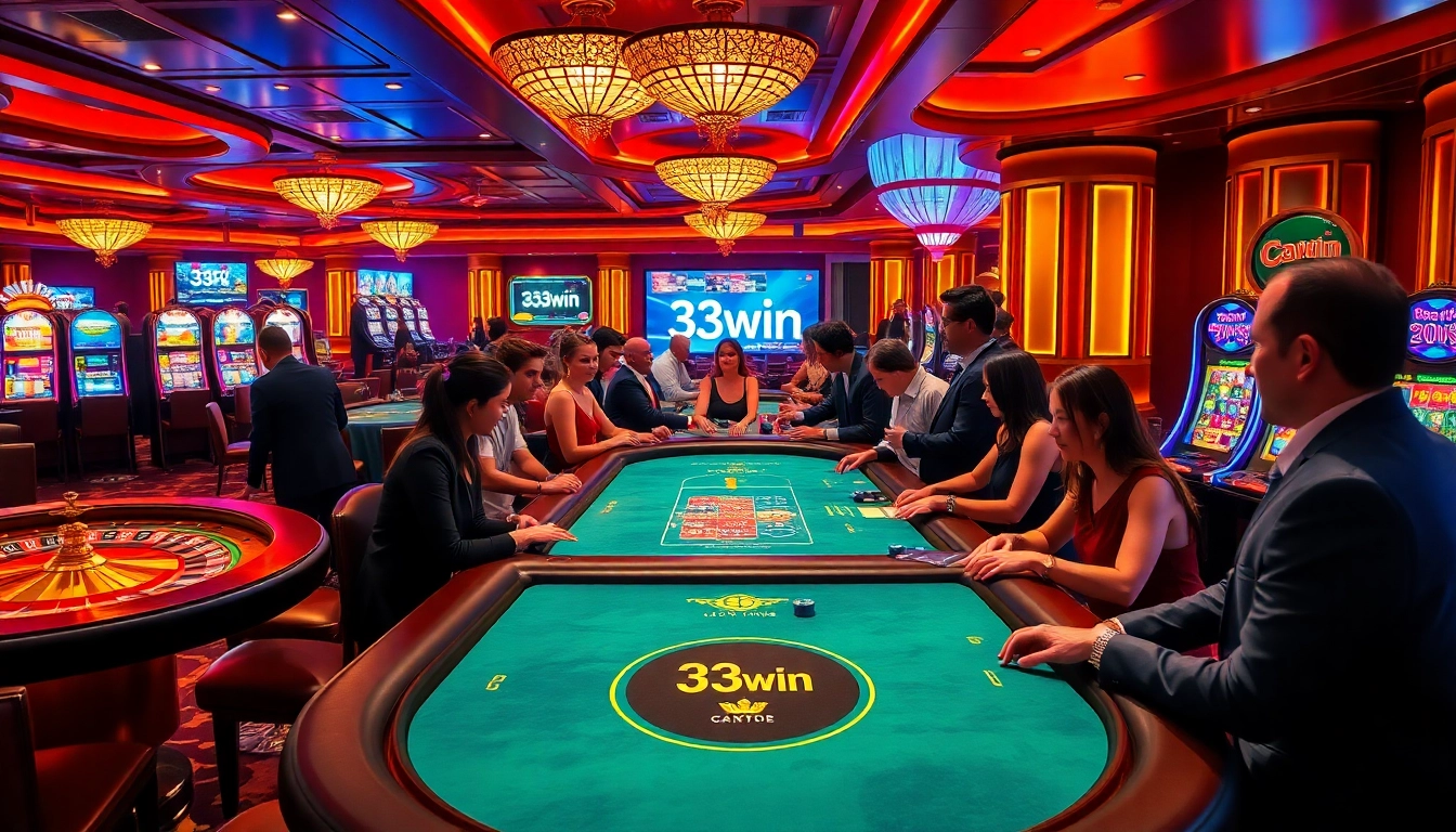 Exciting casino scene featuring 33win players engaging in high-stakes poker and vibrant slot machines.