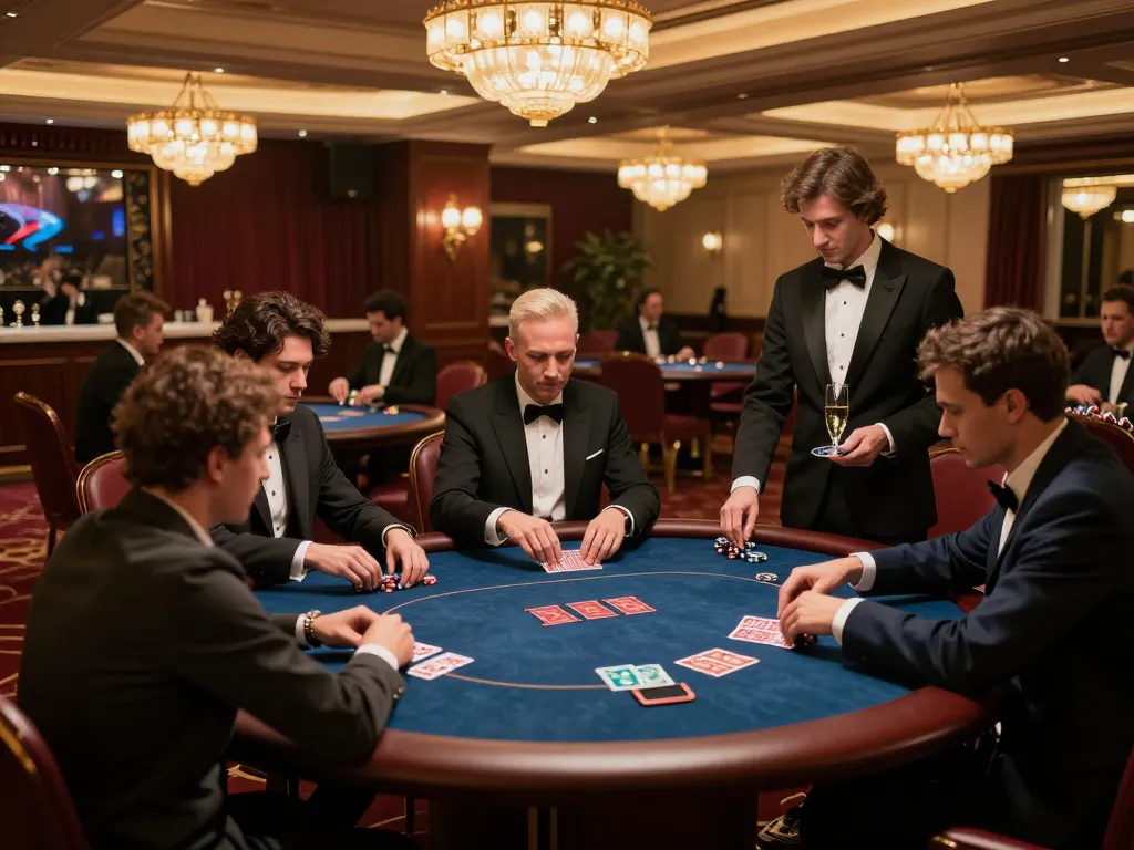 fly88 players enjoy an exclusive poker game in a luxury casino setting.