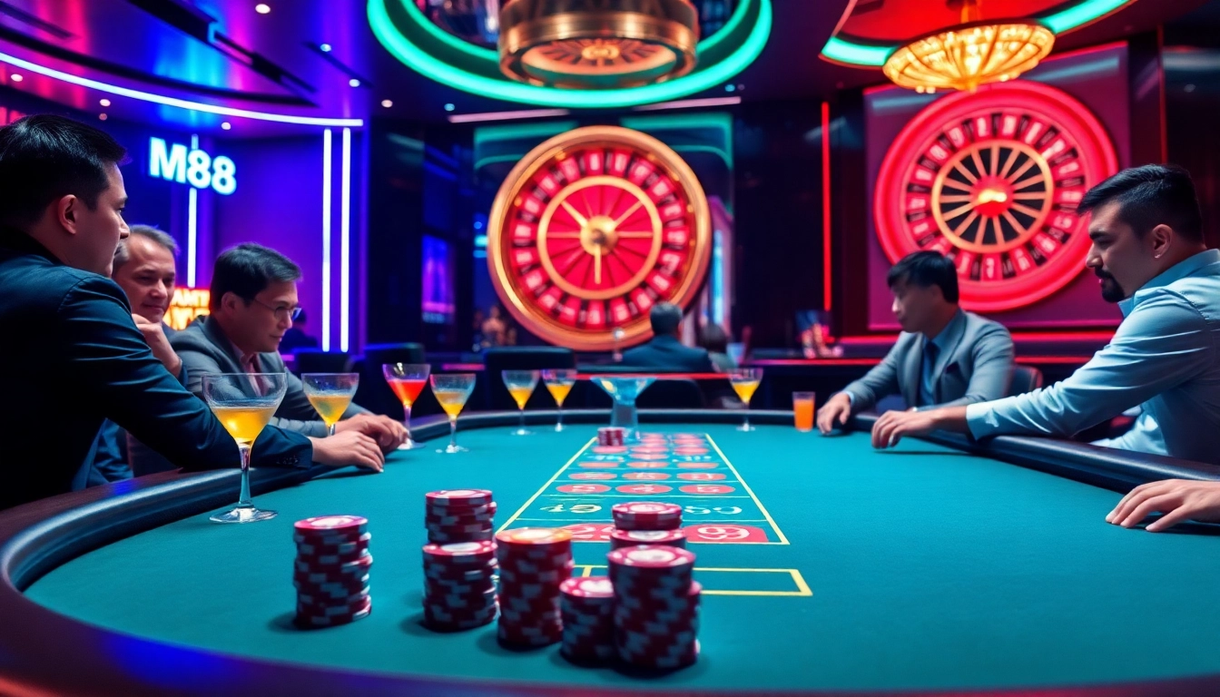 M88 players participating in an exciting poker game at a luxurious casino table.