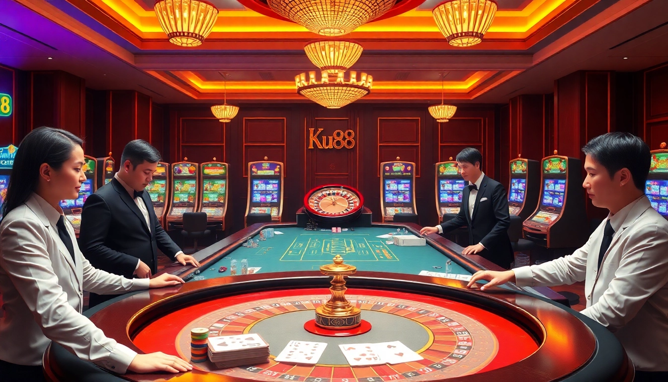 Engage with ku88's thrilling casino experience featuring a vibrant betting table and luxurious atmosphere.