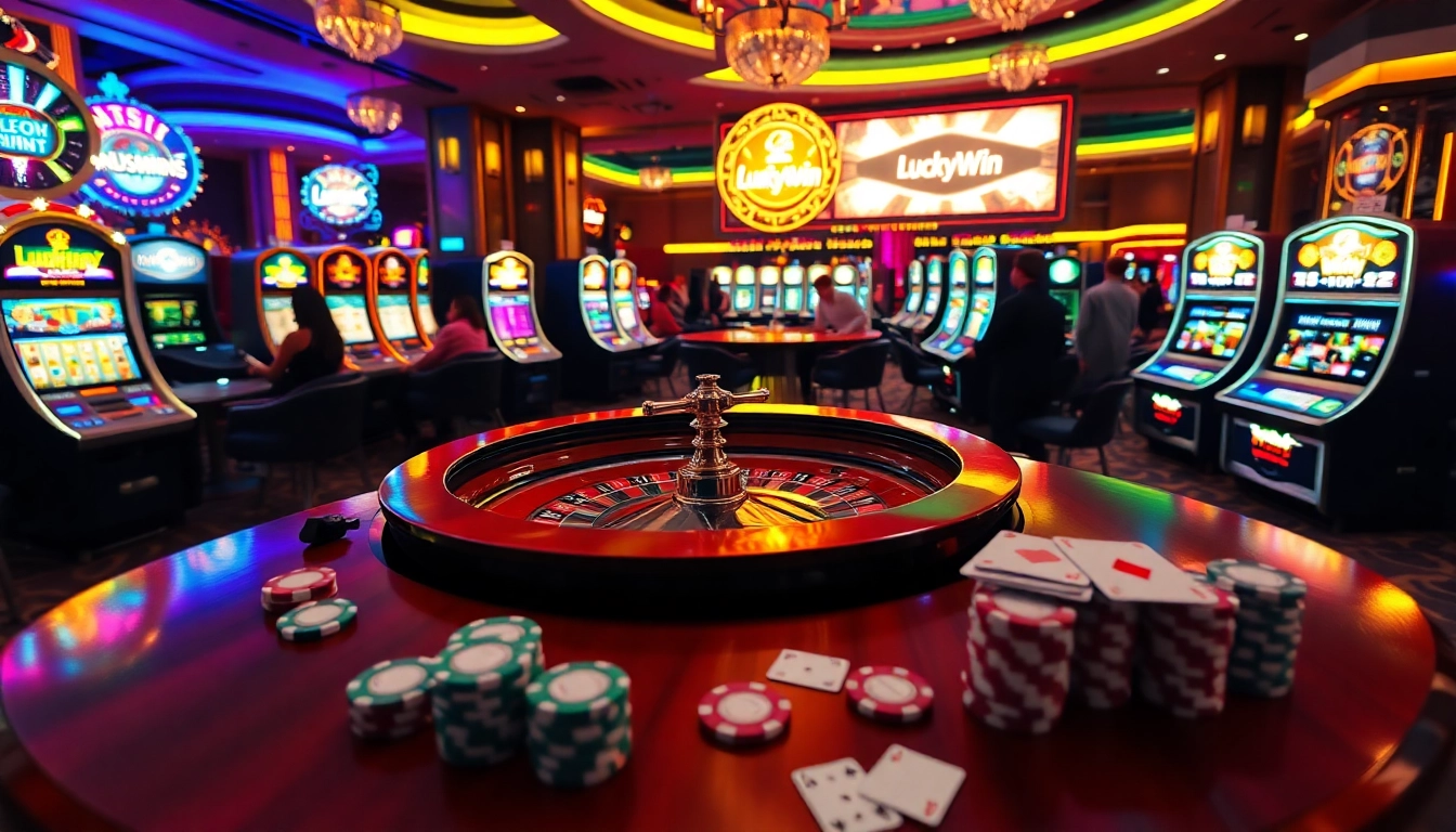 Experience the thrill of casino gaming with LuckyWin's vibrant slot machines and roulette tables.