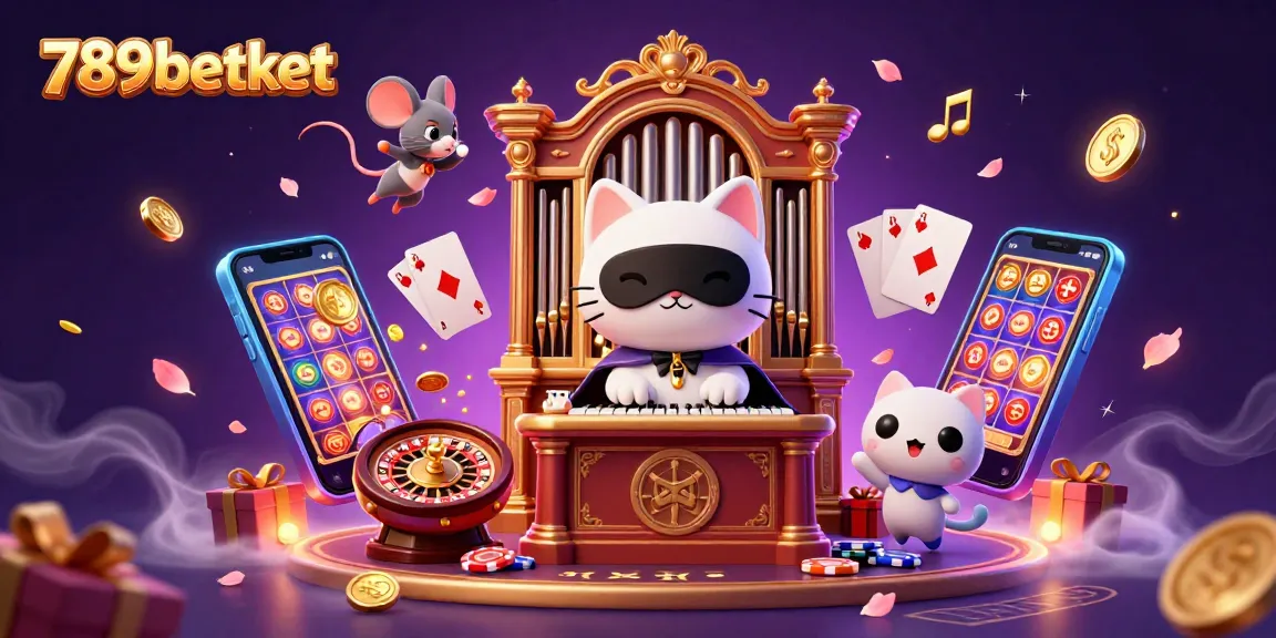 Experience thrilling moments at 789betket with a 3D casino scene full of slot games and acrobatic characters.