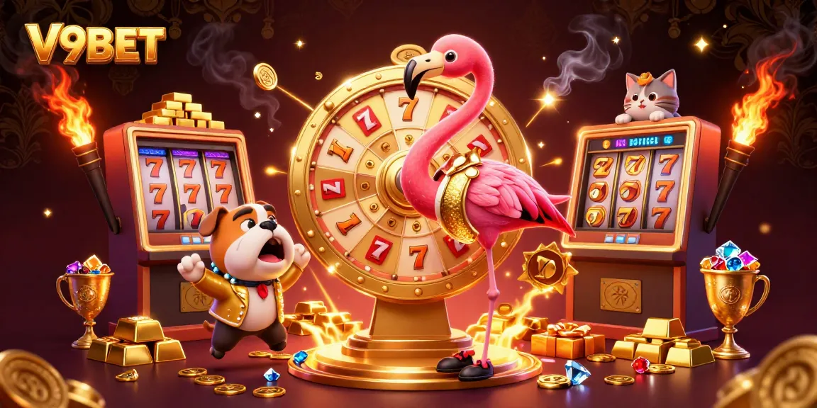 Spin the V9BET prize wheel for big wins in this vibrant casino scene featuring gold and gems.