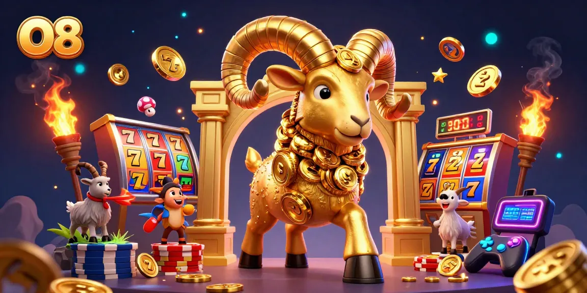 Experience the energetic world of O8 with golden ram and dynamic slots in a lively casino scene.
