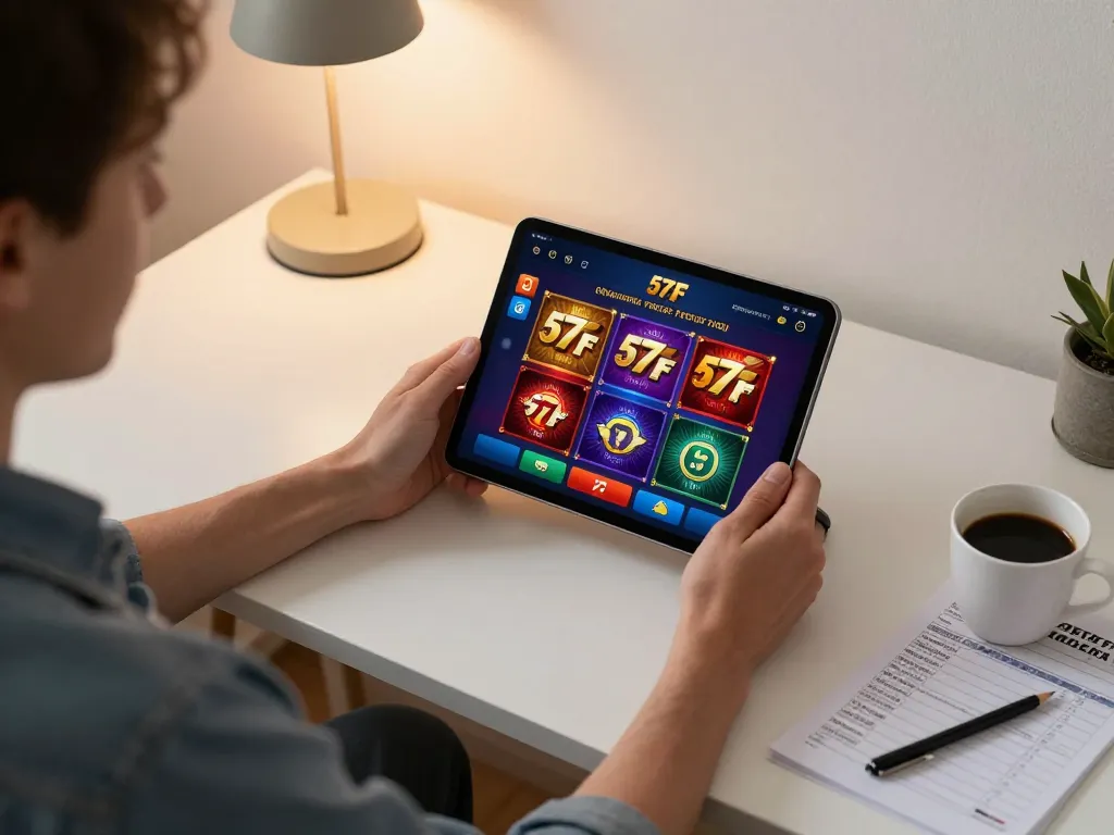 Engaging gameplay on the 577F app with tablet, coffee, and strategy notes
