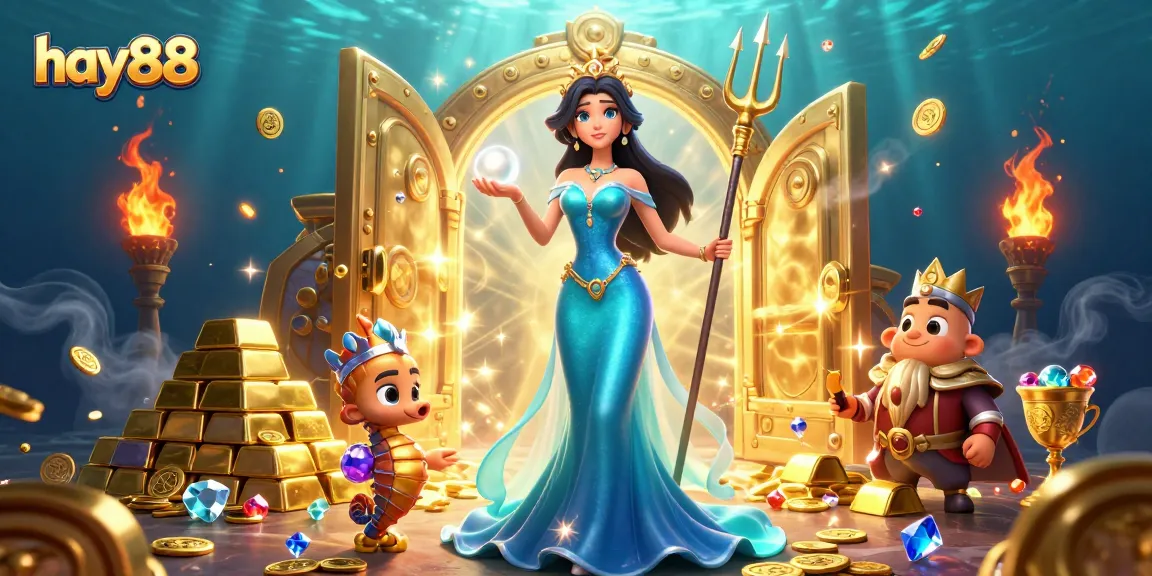 Experience the magic of hay88 with stunning treasures and sea-themed characters in this vibrant casino illustration.