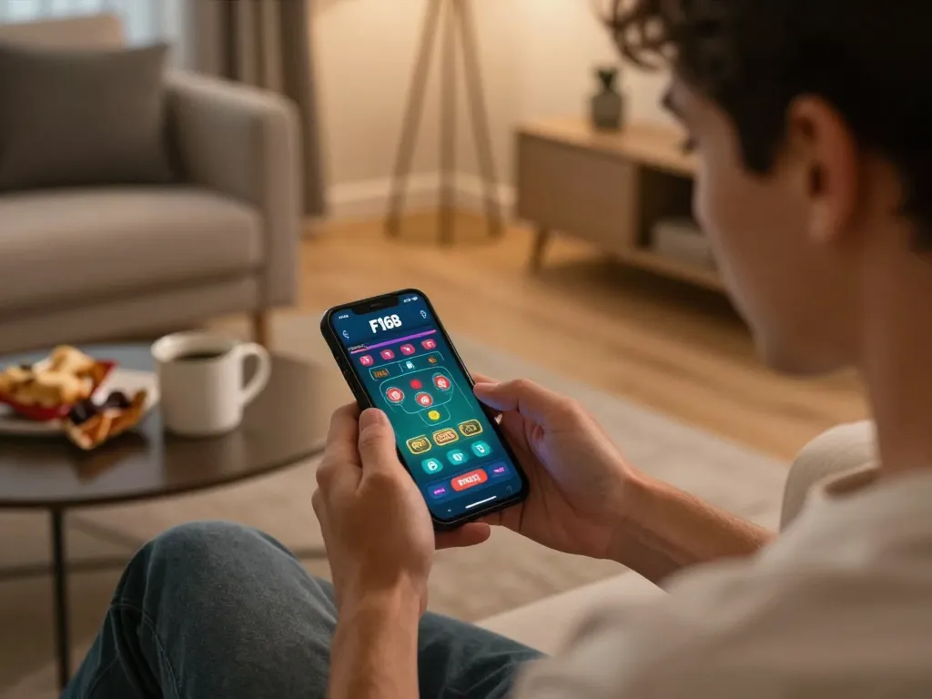 Player using F168 mobile app for live dealer gaming at home, showcasing engaging gaming experience