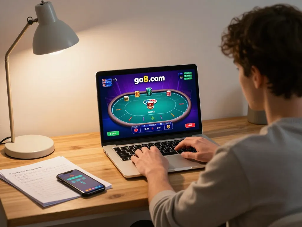 Engaging poker session on go8.com with user on laptop, vibrant game interface visible.