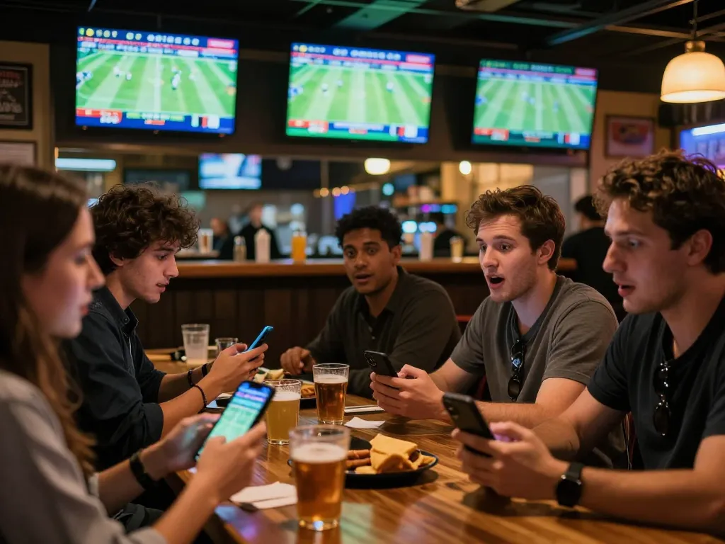 Experience thrilling football betting with live scores and excited patrons at a sports bar