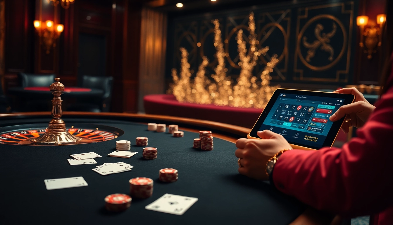 Engage in the excitement of nhà cái uy tín at a luxurious casino table with cards and chips.