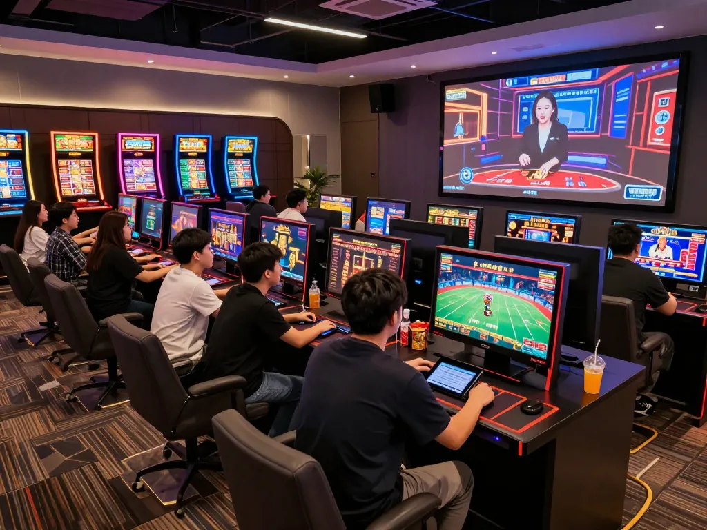 Exciting gaming scene at 23win featuring players enjoying slots and poker in a modern lounge atmosphere.