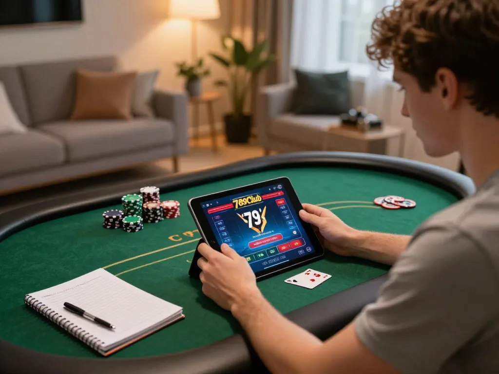 Player immersed in 789Club's online poker game, capturing strategic moments at home.