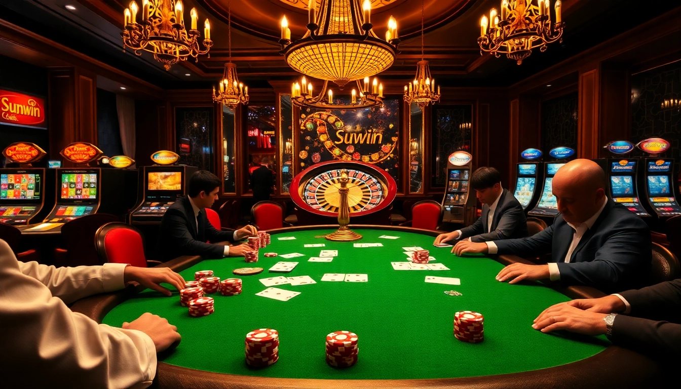 Engaged players at a sunwin poker table, showcasing vibrant chips and cards in an exciting casino setting.