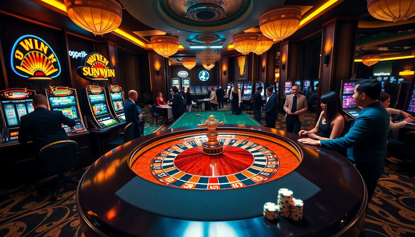 Players enjoying a thrilling SUNWIN casino experience at an elegant roulette table, vibrant slot machines in the background.