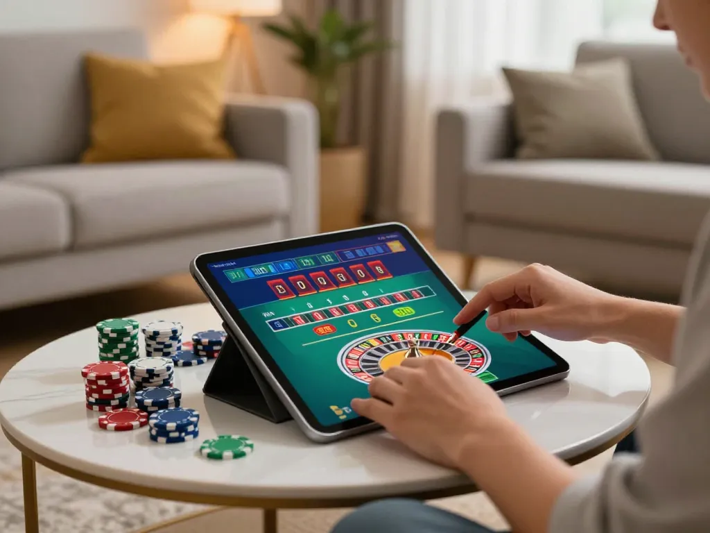 Engaging gameplay at home with cm 88 roulette app displayed on tablet amidst colorful chips and inviting decor.