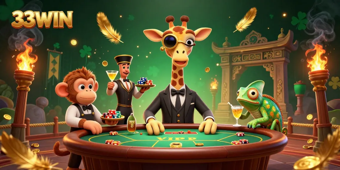 Engage in thrilling gaming at 33WIN, featuring a high-roller giraffe and dynamic casino elements.