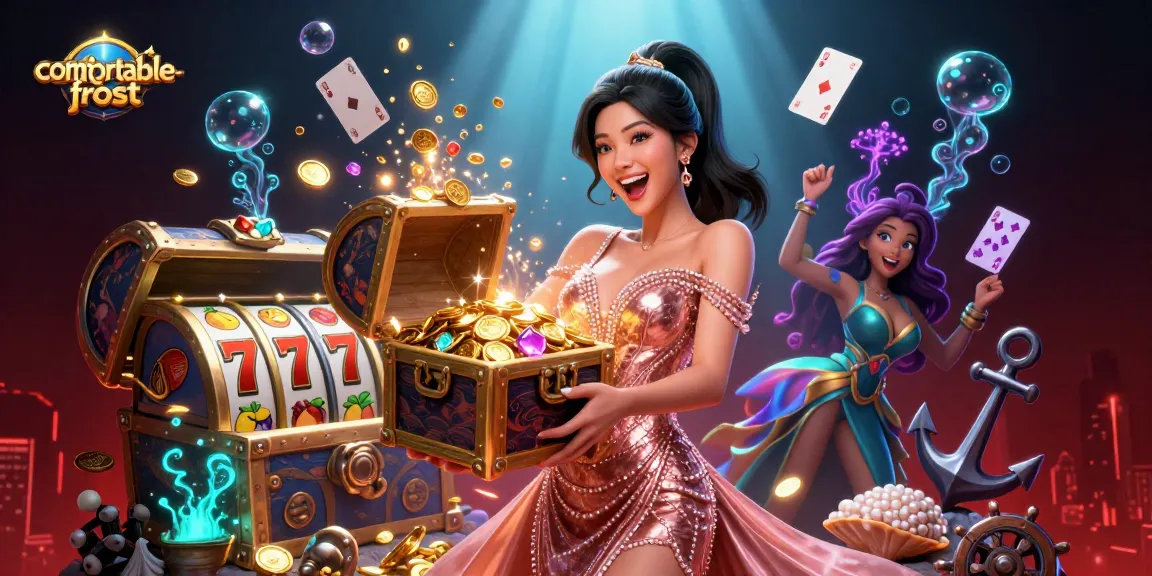 Experience the thrill of comfortable-frost as a joyful Asian woman showcases treasures from an open chest in a vibrant casino scene.