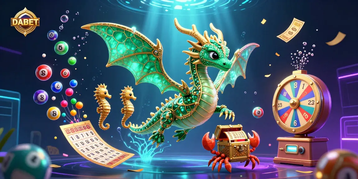 DABET showcases a vibrant 3D scene with a sea dragon, bingo cards, and colorful lottery balls.