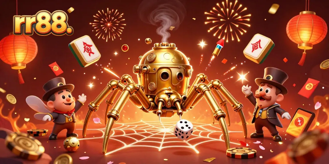 Engage in thrilling gameplay with rr88. featuring a cartoon steampunk spider and vibrant casino elements.