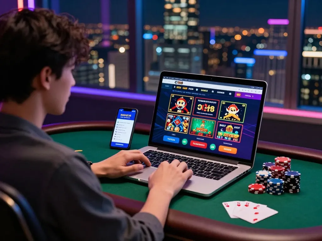 Engaging online gambling experience with nhà cái C168 on laptop and poker chips.