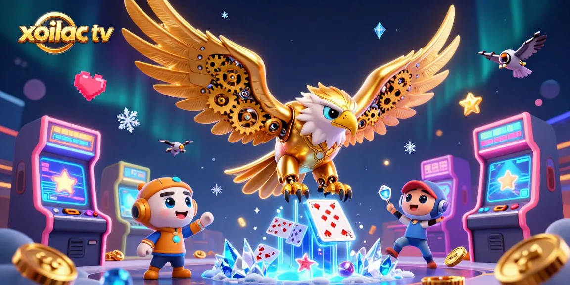 Xoilac TV showcases a stunning 3D cybernetic eagle diving through holographic cards amid vibrant gambling elements.