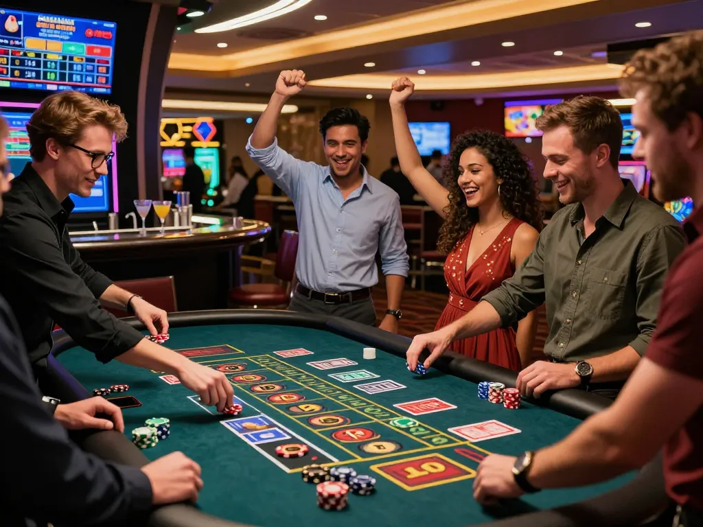 Group of friends enjoying exciting 789Win casino experience at roulette table with vibrant atmosphere.