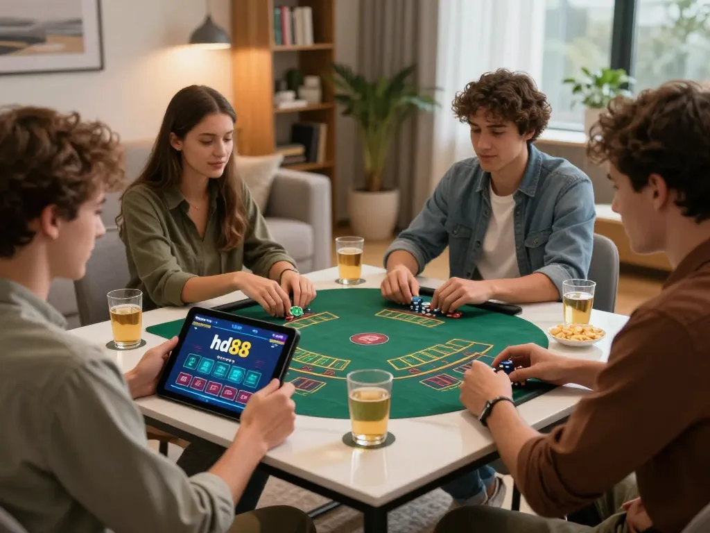 Enjoying online blackjack on hd88 with friends at a cozy home gaming night, capturing excitement and strategy.