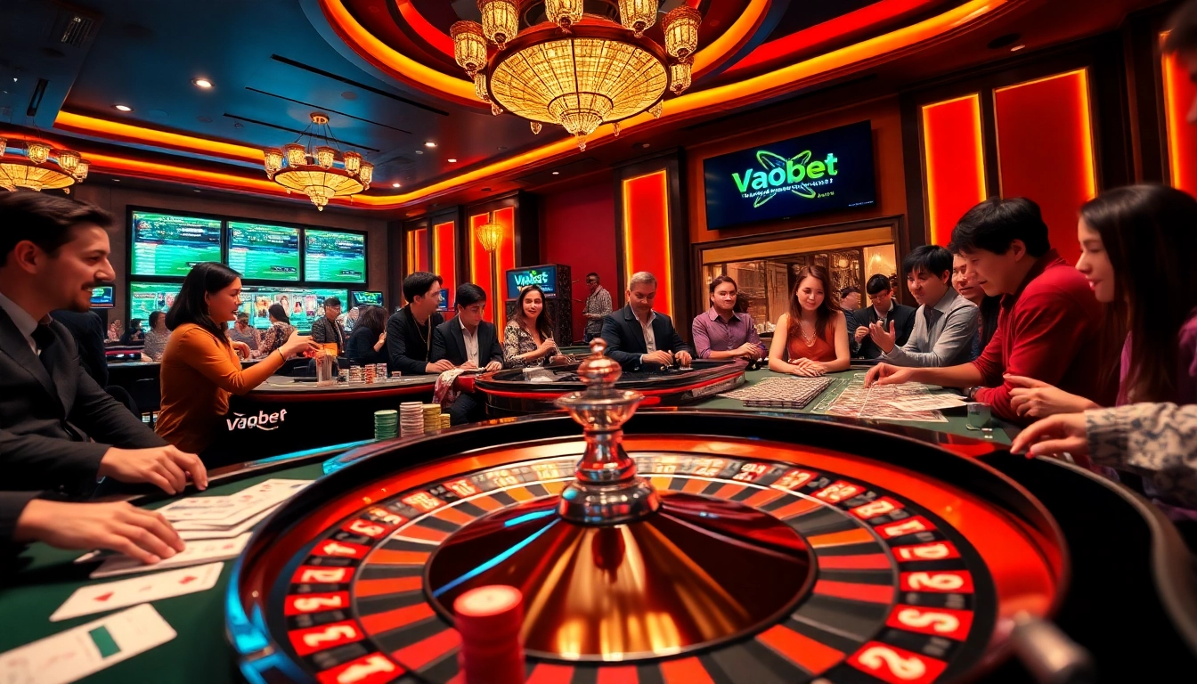Excited players engaging in high-stakes games at a luxurious Vaobet casino table.