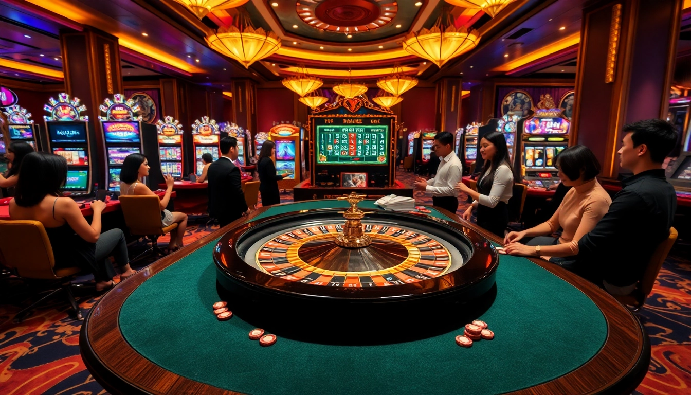 Engage in exciting gameplay at GO88 with a vibrant casino scene featuring roulette and slots.