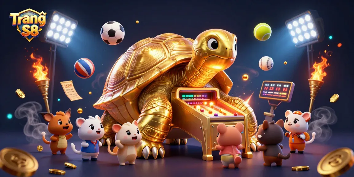 Play thrilling games at Trang Chủ S8 with a golden tortoise pinball machine showcasing excitement around various sports.
