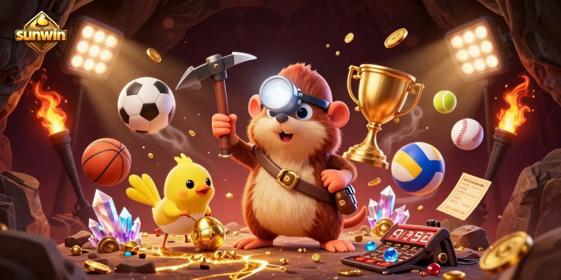Winning in the exhilarating sunwin casino, featuring a treasure hunter mole amidst glowing gems and sports elements.