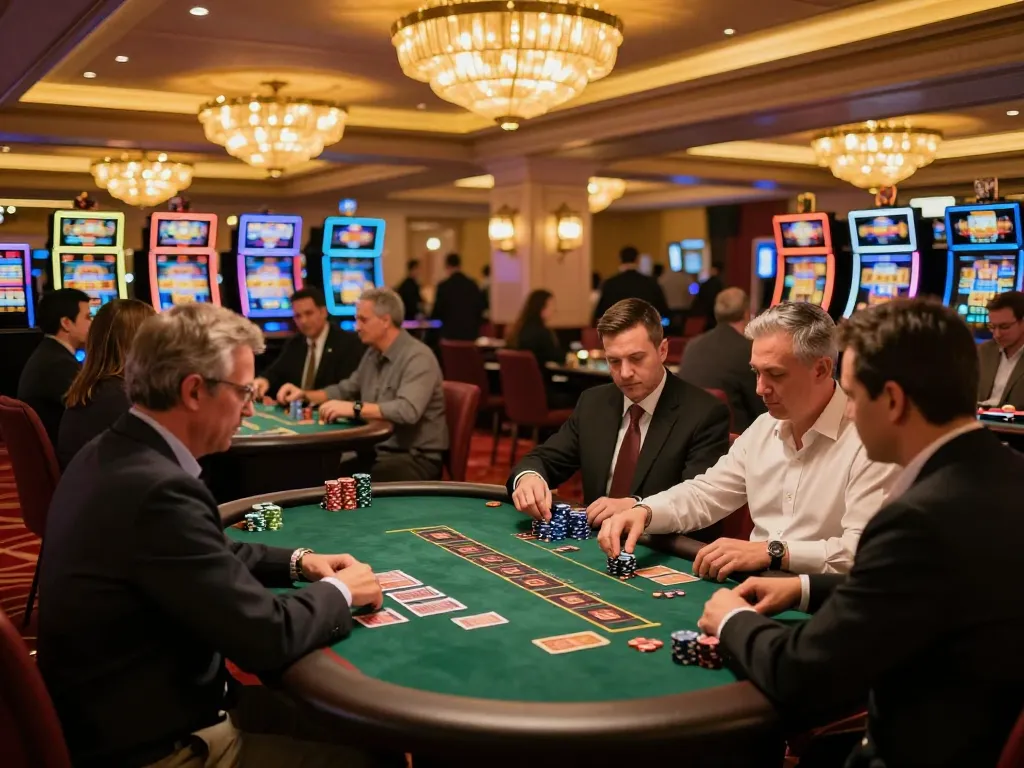 Players enjoying intense blackjack action at the lively 789WIN casino floor, showcasing vibrant atmosphere.
