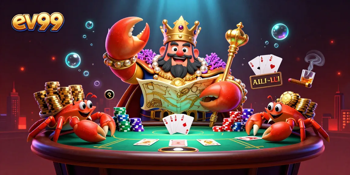 Experience the excitement of ev99 with a dynamic poker scene featuring a crab emperor and treasure.