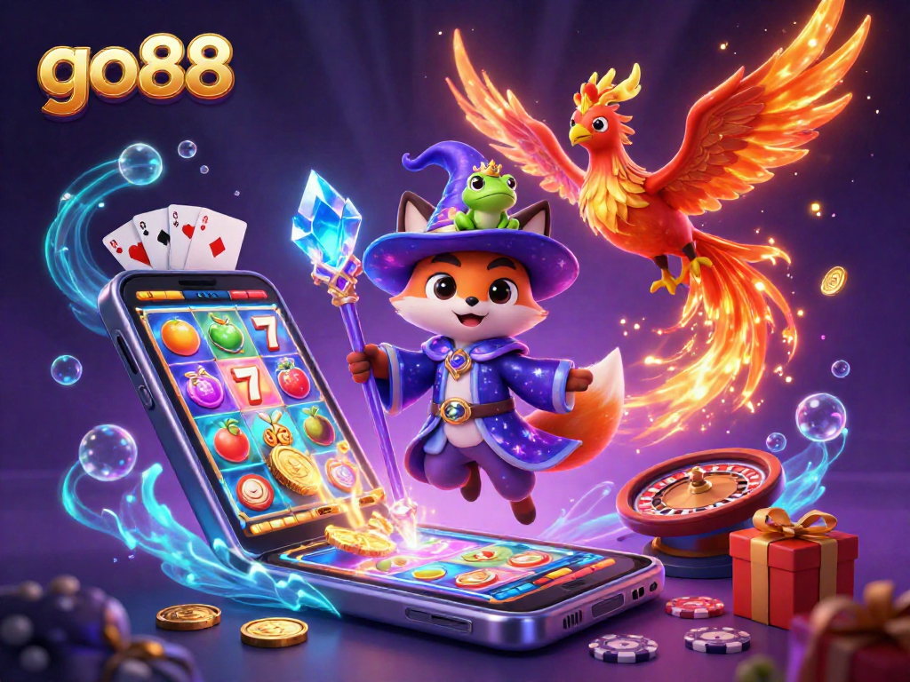 Engage with go88's magical slot experience through a vibrant 3D illustration showcasing a wizard, phoenix, and game elements.