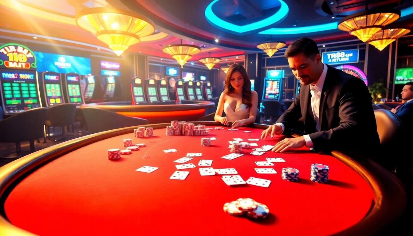 Engage with TR88 vip at a luxurious poker table showcasing high-stakes gameplay and vibrant casino ambiance.