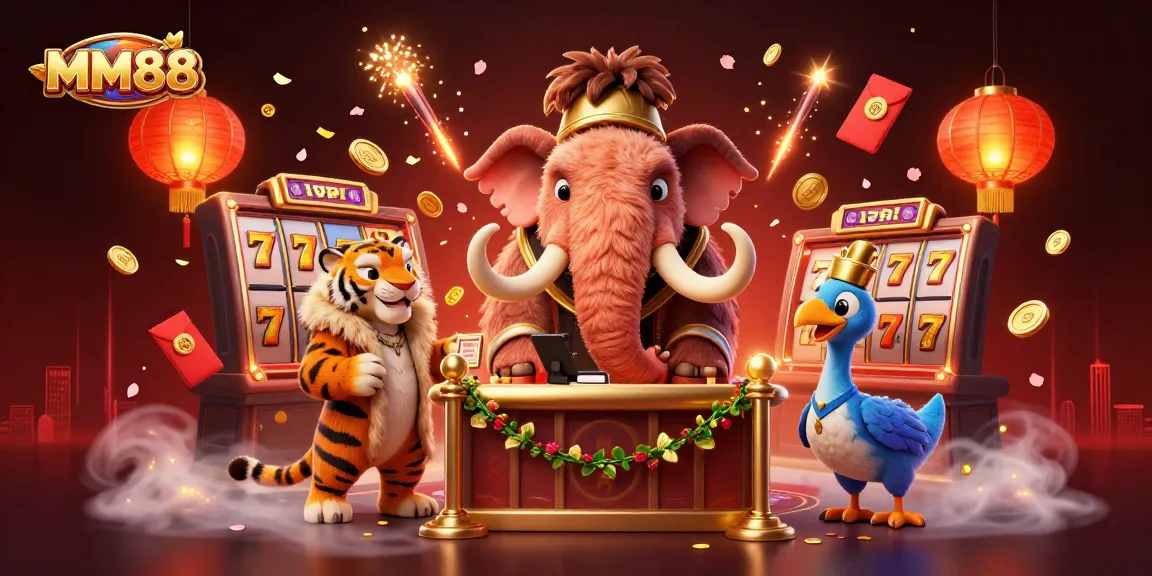 Experience the excitement of MM88 with a whimsical 3D casino scene featuring unique characters.