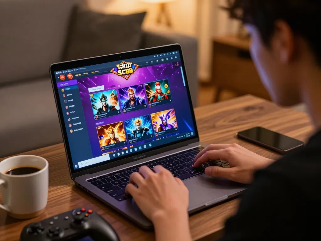 Engaged player immersed in nhà cái sc88 online gaming session at home, showcasing vibrant casino interface