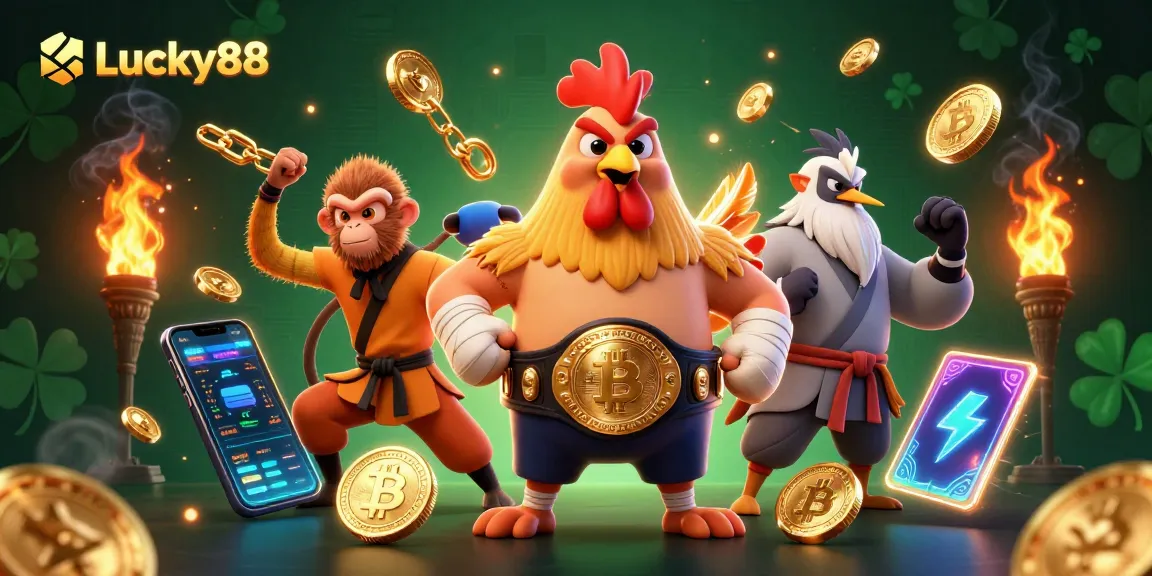 Try your luck at Lucky88 casino with an energetic 3D illustration of fierce characters and crypto elements.