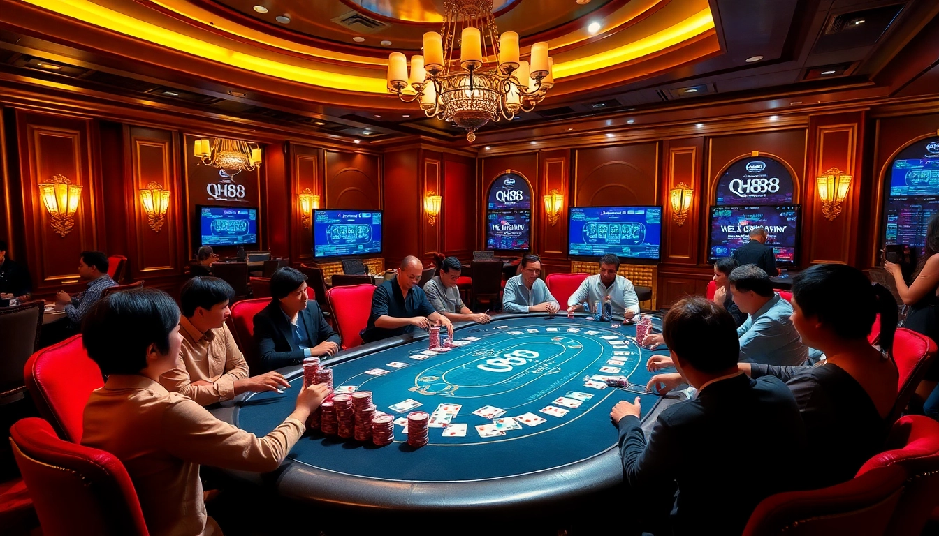 Experience thrilling gameplay at qh88's high-stakes poker table with vibrant chips and engaged players.