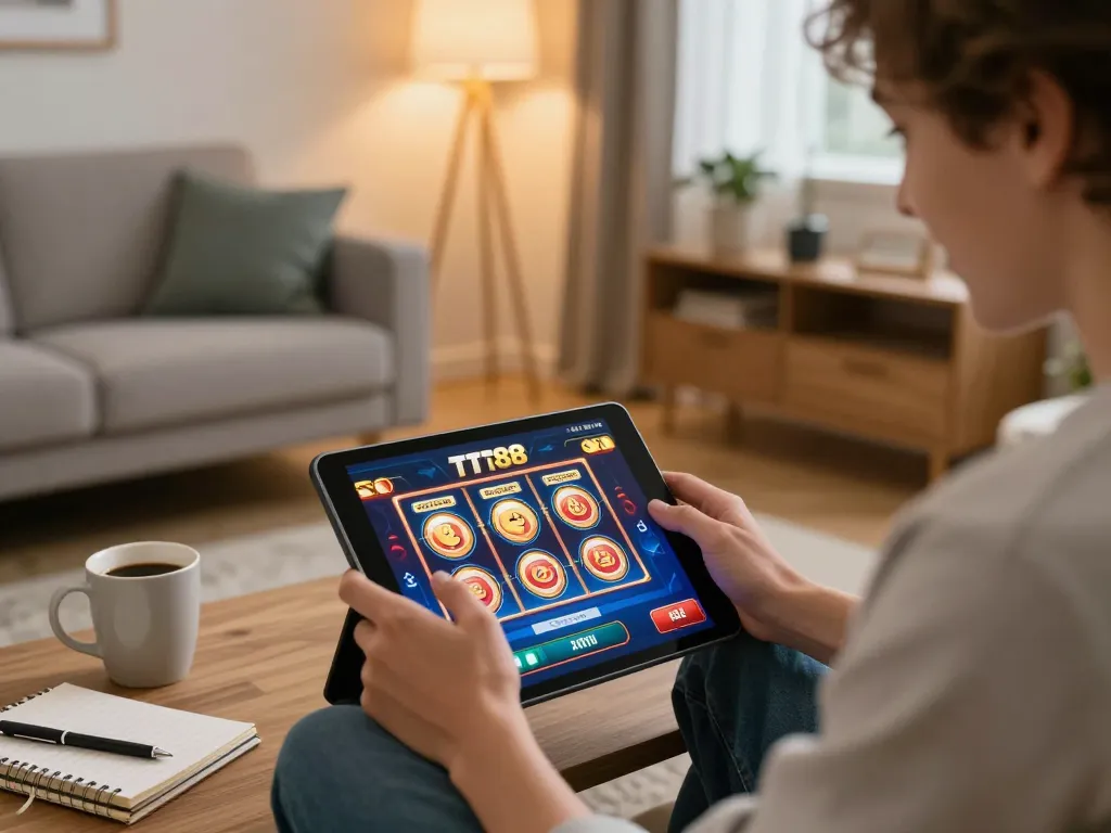 Excited player enjoying TT88 casino games on a tablet at home amidst warm, stylish decor.