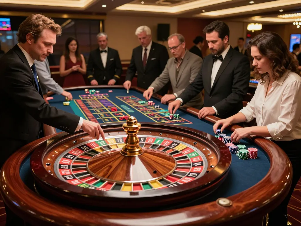 Players engaging in roulette game at hytw3339net casino, showcasing vibrant chips and excitement