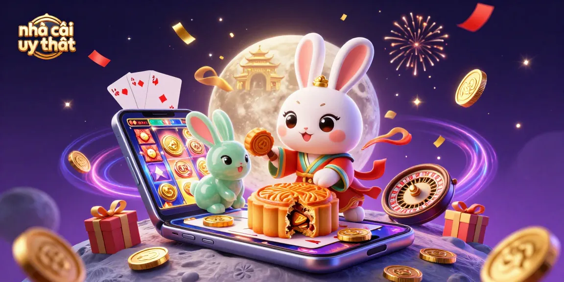 Engage with nhà cái uy tín through vibrant casino-themed illustration featuring playful rabbits and gaming elements