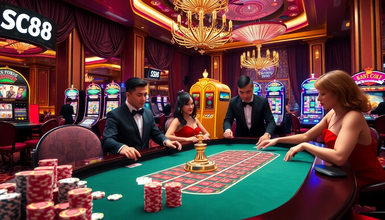 Experience the excitement of gambling with SC88 at a lavish casino table surrounded by colorful chips.