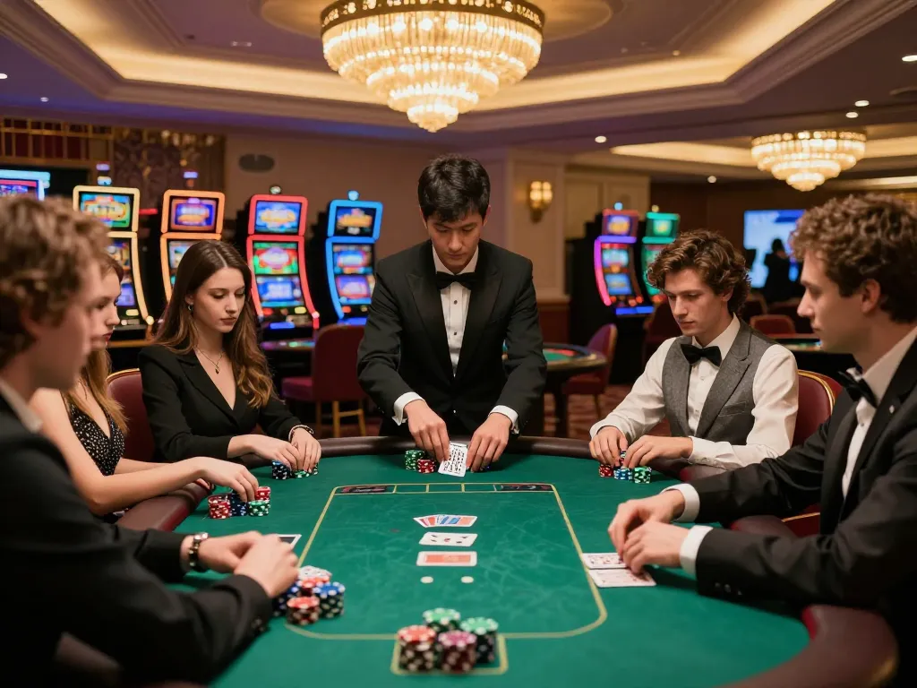 Player participating in an intense nk88 poker game at a luxurious casino table, surrounded by vibrant gaming activity.