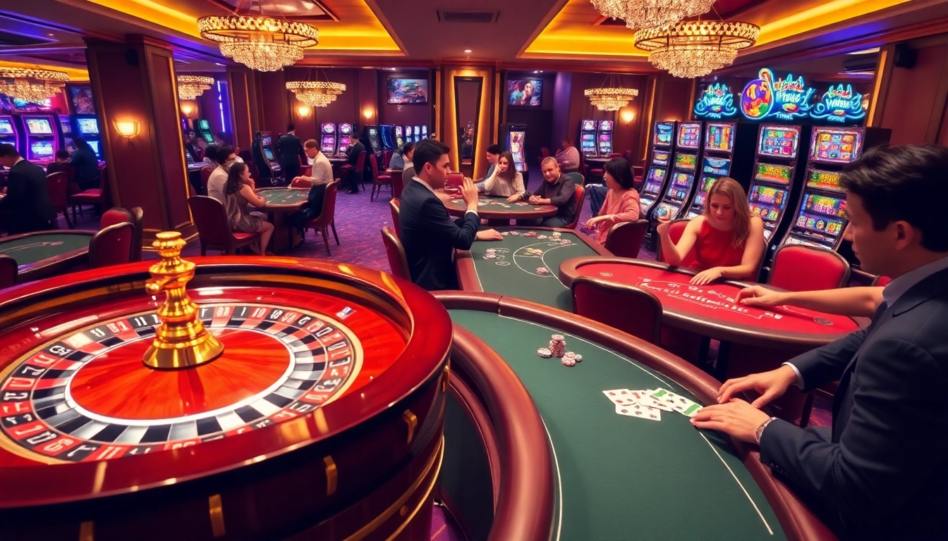 A thrilling casino scene at https://mm88.report/, featuring poker tables, roulette wheel, and players enjoying their games.