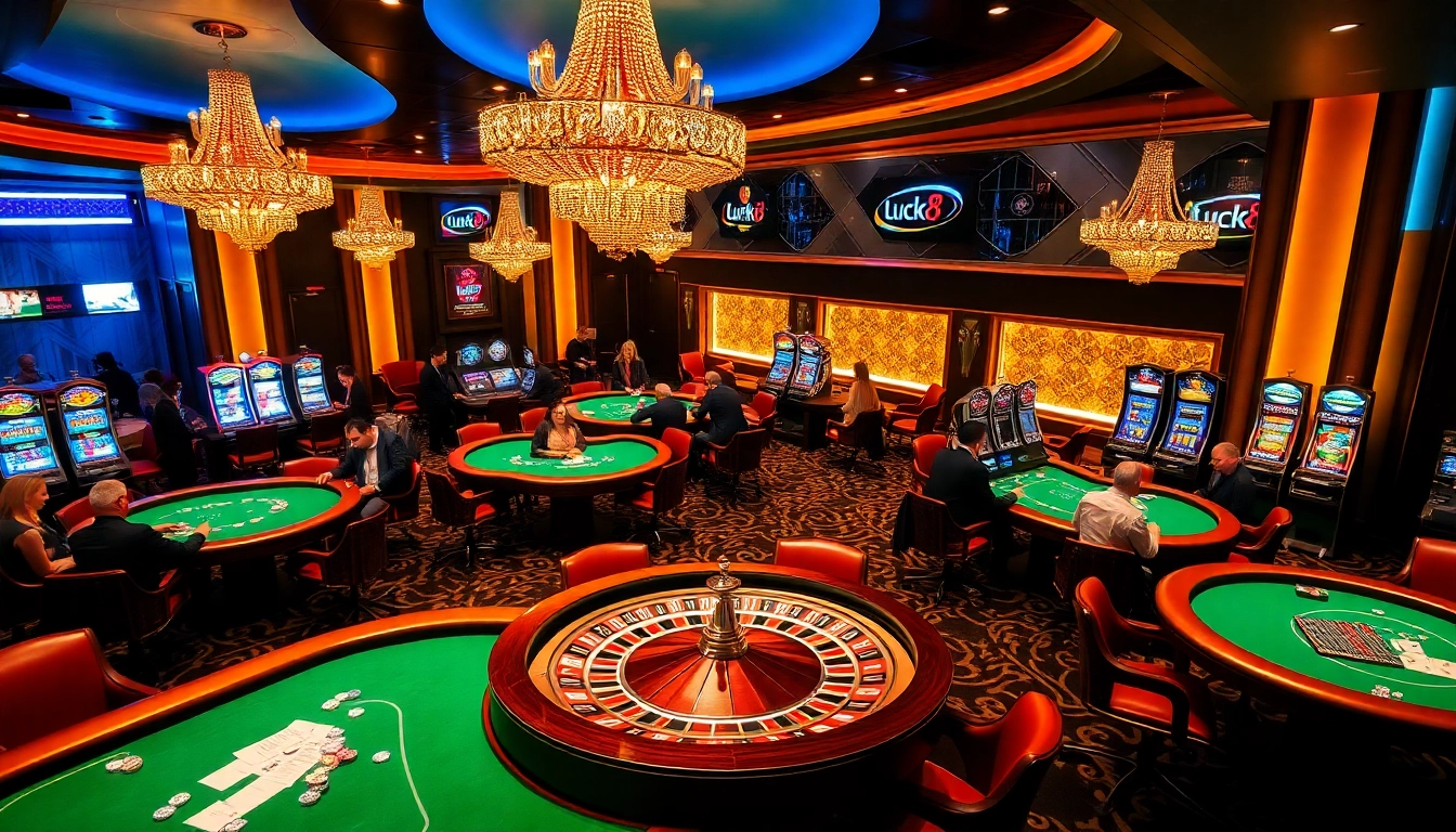 Experience high-stakes thrills with luck8 at a vibrant casino featuring poker tables and slot machines.