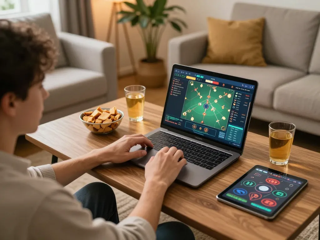 Tài xỉu online gaming setup with a player strategizing in a cozy home environment.