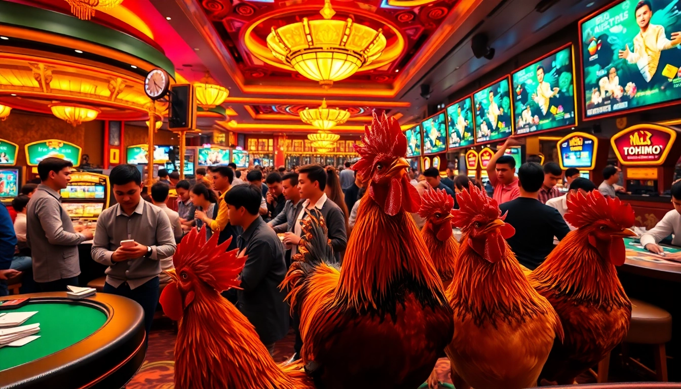 Experience the thrill of ĐÁ GÀ THOMO in a luxurious casino environment with lively betting action.