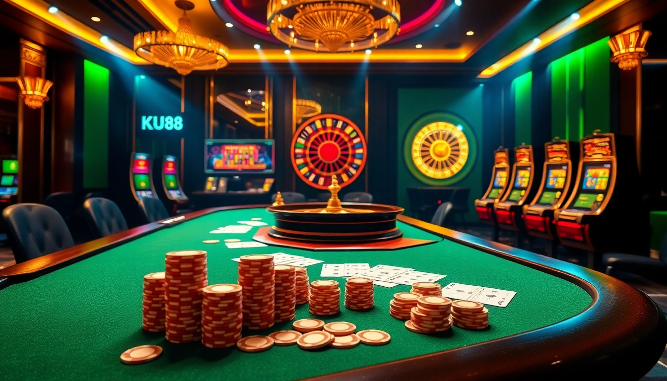 Betting on top games at https://ku88game.com/ with glamorous casino visuals and casino tables.