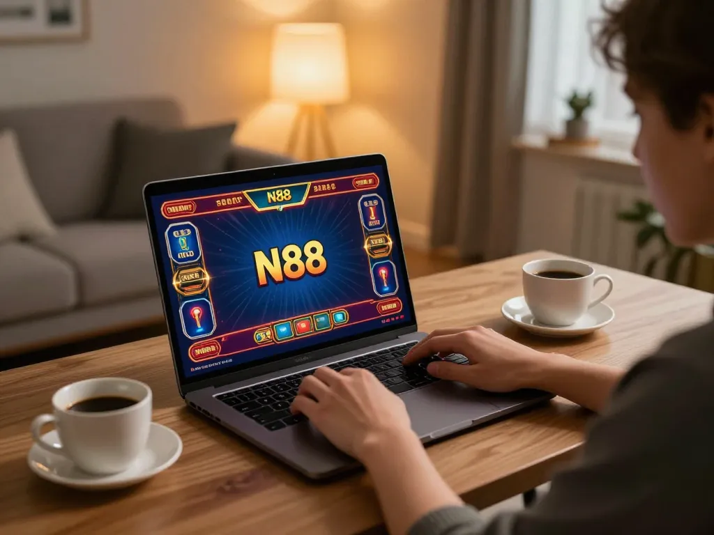 N88 online gaming experience with player engaged on laptop in a cozy home office setting.